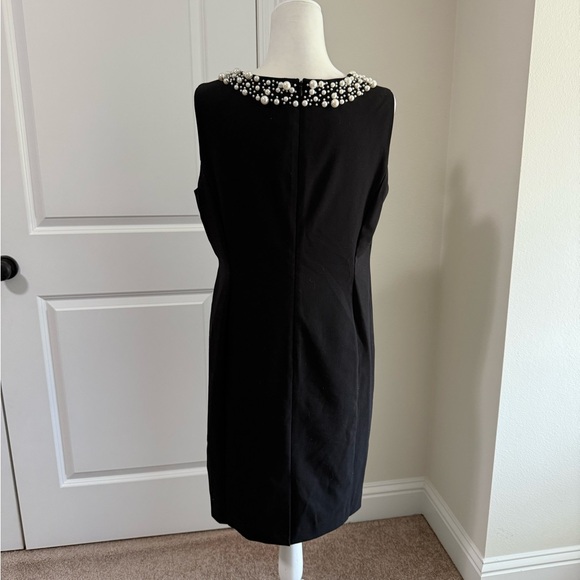 Ellen Tracy Black Shift Dress w/ Pearl Embellished Neckline | 14P Petite - Picture 3 of 13